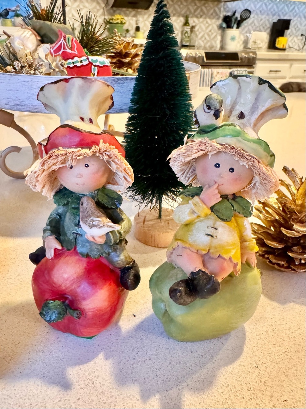 Vintage Whimsical Apple Boy & Girl Shelf Sitter Figurines - Set of 2